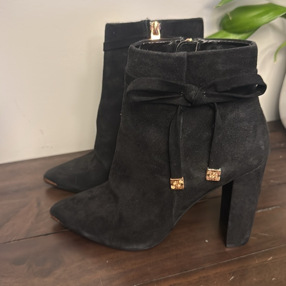 Ted Baker London black suede heeled ankle boots.